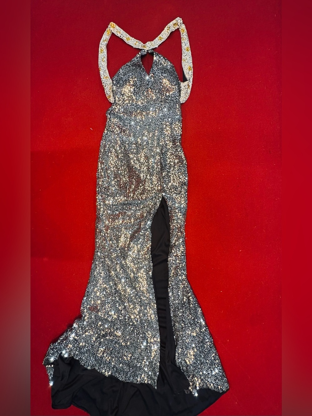 Landa Designs Jeweled Formal Dress W/Choker Collar And White And Yellow Stones